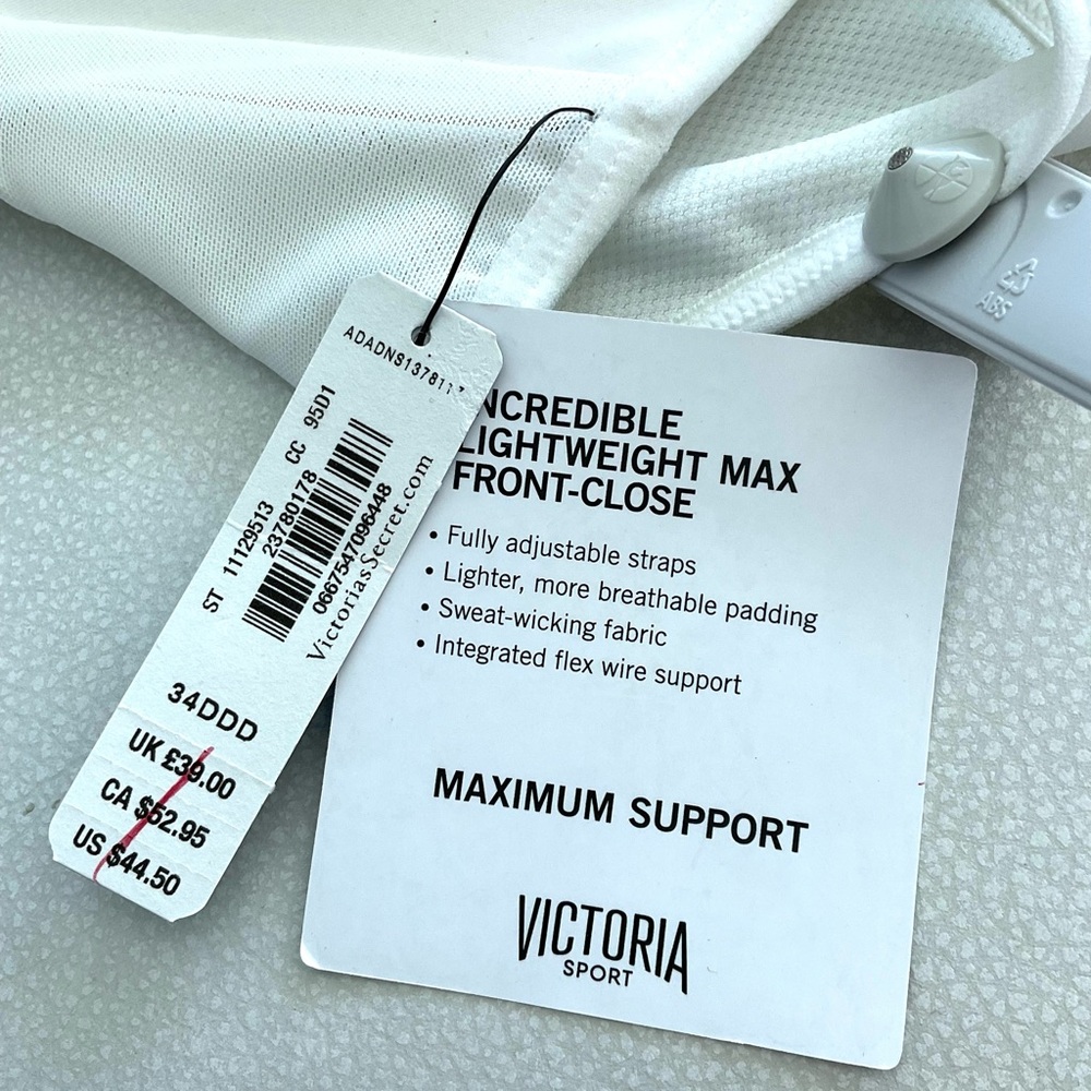 Victoria’s Secret Front Zip Sports Bra 34DDD White Maximum Support NWT - Picture 5 of 9